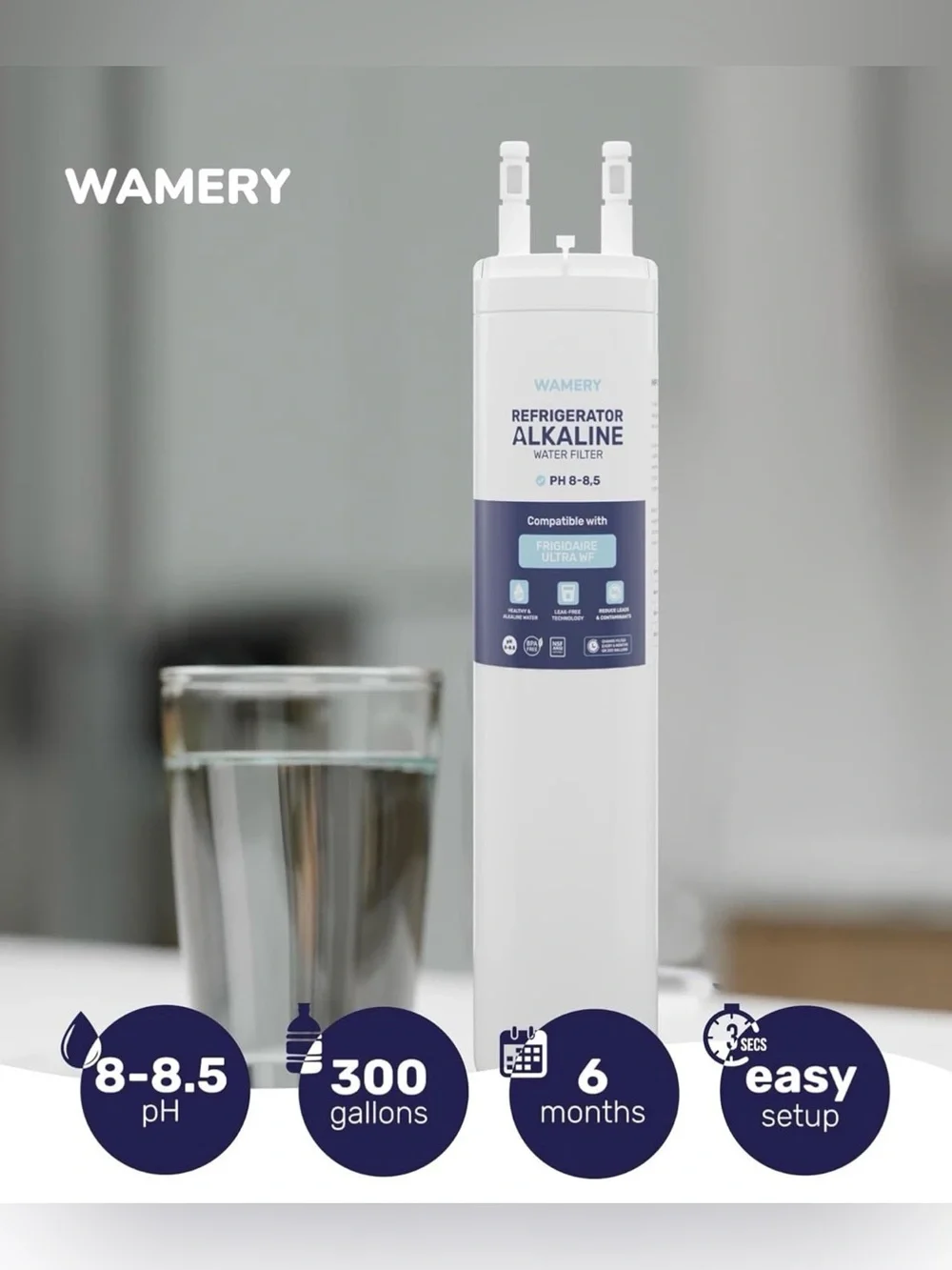 Wamery Refrigerator Alkaline Water Filter - White with Navy Label